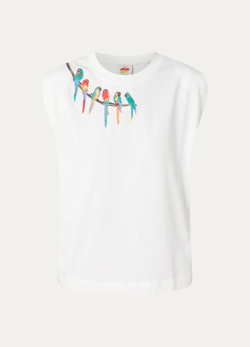 Farm Rio Coconut Trees sweater met opengewerkt dessin en borduring - voorkant gebroken wit