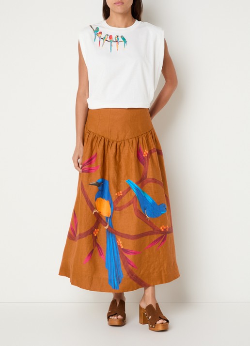 Farm Rio Coconut Trees sweater met opengewerkt dessin en borduring - voorkant 2 gebroken wit