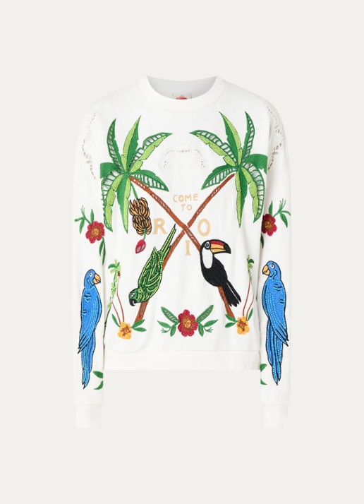 Farm Rio Coconut Trees sweater met opengewerkt dessin en borduring - voorkant 2 gebroken wit