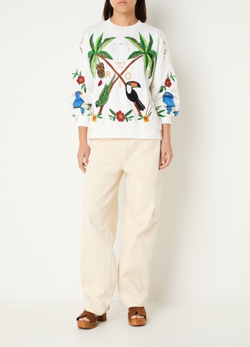 Farm Rio Coconut Trees sweater met opengewerkt dessin en borduring - voorkant 3 gebroken wit