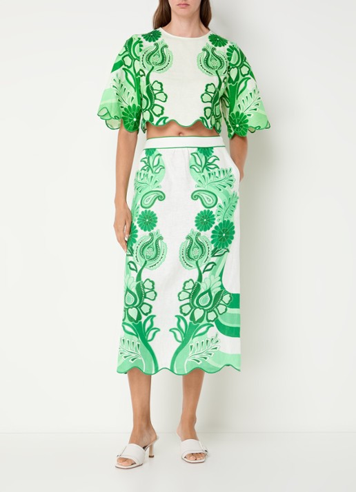 Farm Rio Crop top van linnen met bloemenprint - voorkant 3 groen