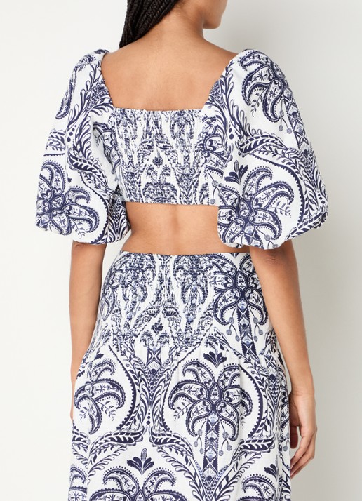 Farm Rio Crop top van linnen met pofmouw en paisley dessin - achterkant donkerblauw