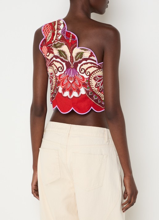 Farm Rio Cropped one shoulder top in linnenblend met print - achterkant 3 rood
