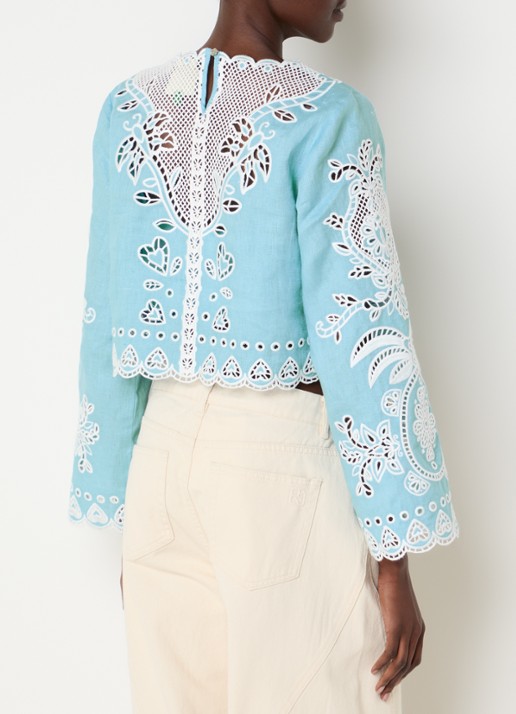Farm Rio Cropped tuniek van linnen met broderie - achterkant aquablauw