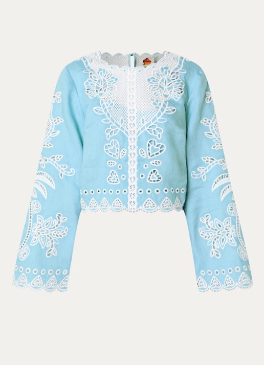 Farm Rio Cropped tuniek van linnen met broderie - voorkant 2 aquablauw