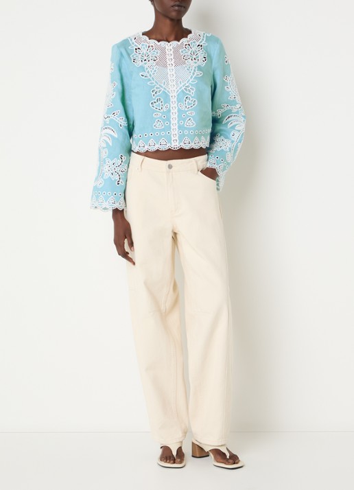 Farm Rio Cropped tuniek van linnen met broderie - voorkant 3 aquablauw