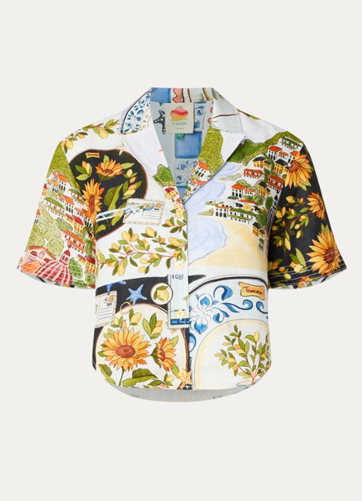 Farm Rio Croppped blouse van linnen met print - voorkant beige