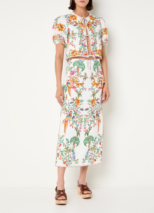 Farm Rio Delicate Forest midi rok van linnen met bloemenprint - voorkant 2 gebroken wit