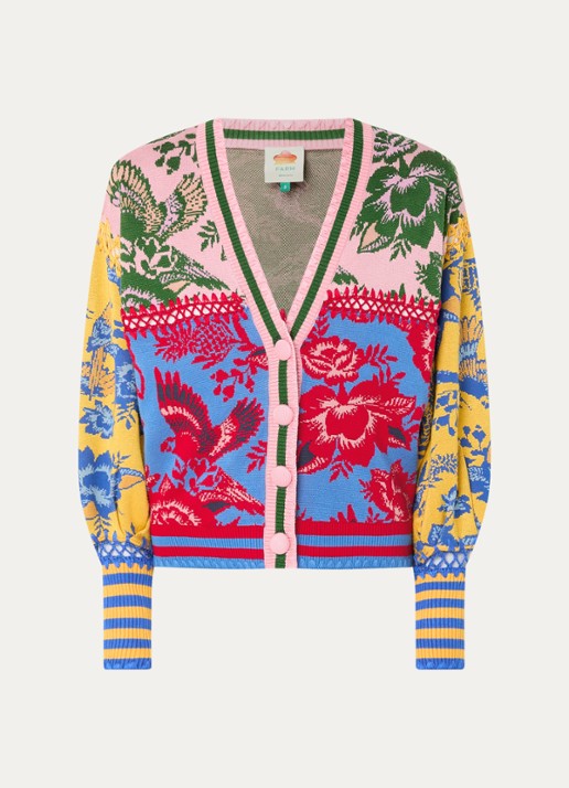 Farm Rio Fijngebreid vest met bloemenprint en opengewerkt detail - voorkant roze
