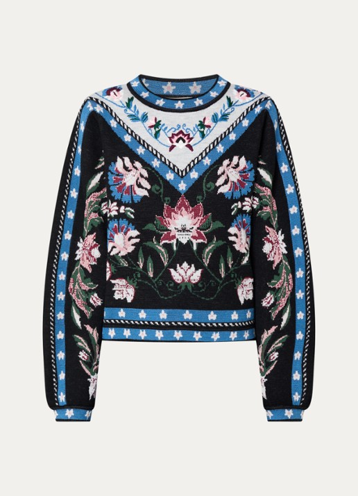 Farm Rio Fijngebreide trui met ingebreide print en ronde hals - voorkant 3 donkerblauw