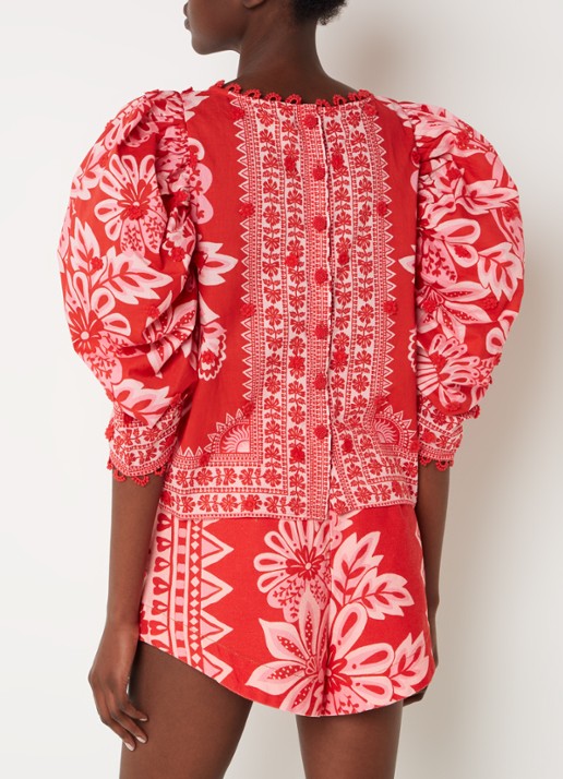 Farm Rio Flora tuniek met print en pofmouw - achterkant koraalrood