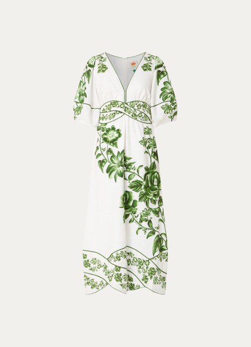 Farm Rio Floral Cascade midi jurk in linnenblend met bloemenprint - voorkant 3 gebroken wit