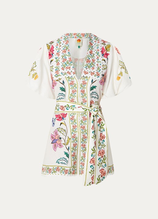 Farm Rio Floral Insects loose fit playsuit in linnenblend met strikceintuur - voorkant 2 gebroken wit