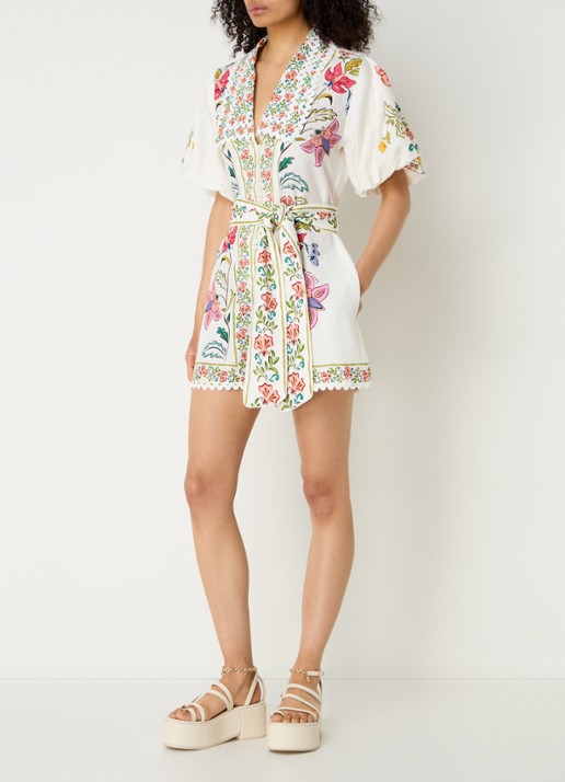 Farm Rio Floral Insects loose fit playsuit in linnenblend met strikceintuur - voorkant 3 gebroken wit