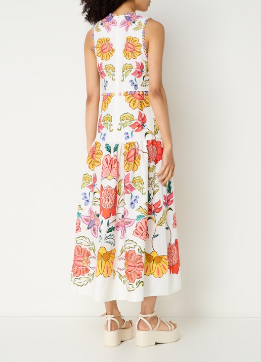 Farm Rio Floral Insects midi jurk van linnen met bloemenprint - achterkant gebroken wit