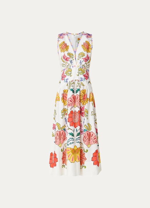 Farm Rio Floral Insects midi jurk van linnen met bloemenprint - voorkant 2 gebroken wit
