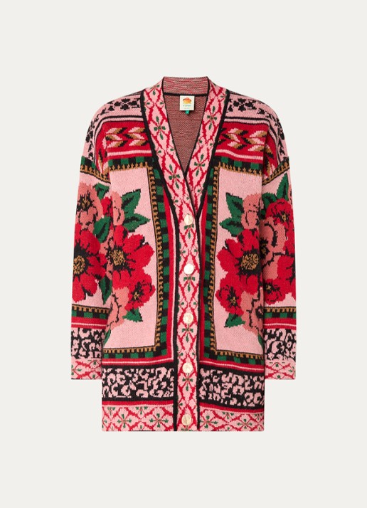 Farm Rio Flower fijngebreid vest in wolblend met bloemenprint - voorkant 4 roze