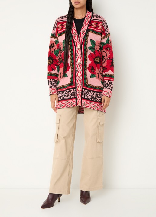 Farm Rio Flower fijngebreid vest in wolblend met bloemenprint - voorkant 5 roze