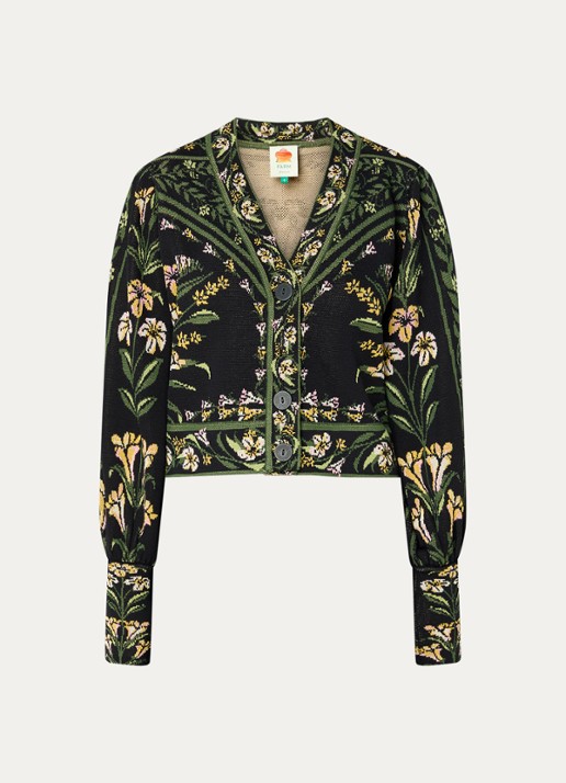 Farm Rio Flowers Arch fijngebreid vest met bloemenprint - voorkant 2 legergroen