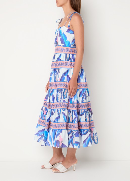 Farm Rio Foliage midi jurk met print en volant - voorkant 4 blauw