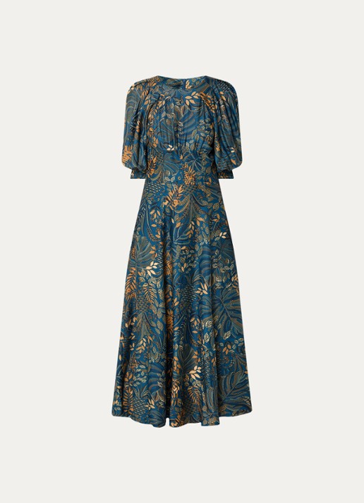 Farm Rio Forest maxi jurk van satijn met pofmouw - voorkant 2 donkerblauw