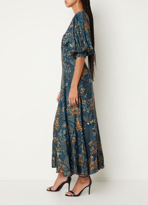 Farm Rio Forest maxi jurk van satijn met pofmouw - voorkant 3 donkerblauw
