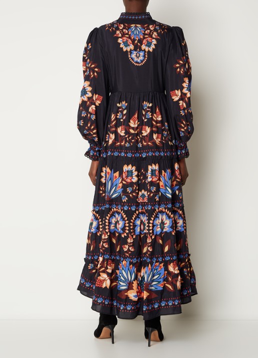 Farm Rio Garden maxi blousejurk met pofmouw en bloemenprint - achterkant 3 zwart