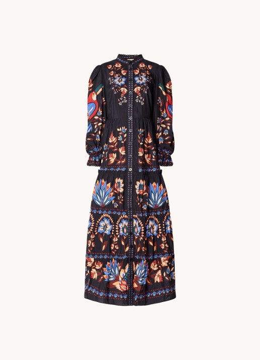 Farm Rio Garden maxi blousejurk met pofmouw en bloemenprint - voorkant 4 zwart