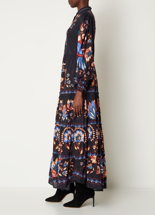 Farm Rio Garden maxi blousejurk met pofmouw en bloemenprint - voorkant 5 zwart