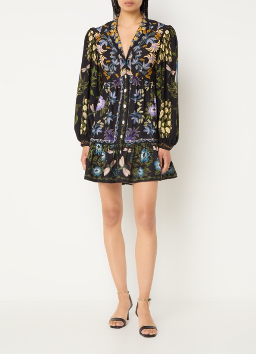 Farm Rio Garden mini blousejurk met bloemenprint - voorkant 5 zwart