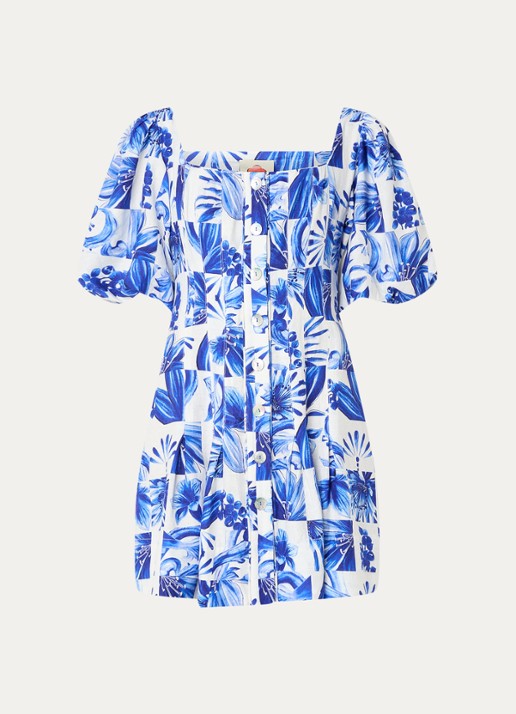 Farm Rio Garden Tiles mini blousejurk in linnenblend met pofmouw - voorkant 4 blauw