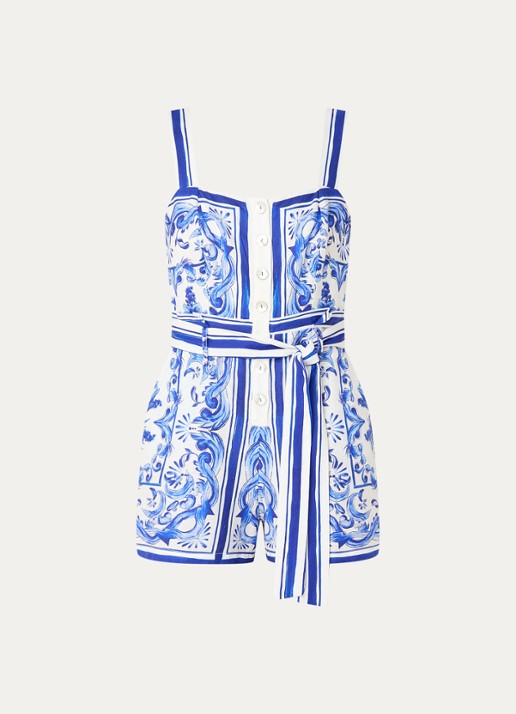 Farm Rio Garden Tiles straight fit playsuit met strikceintuur - voorkant 2 blauw