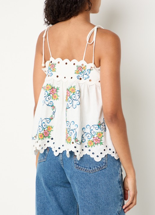 Farm Rio Grandma's Treasure top in linnenblend met bloemenborduring - achterkant gebroken wit