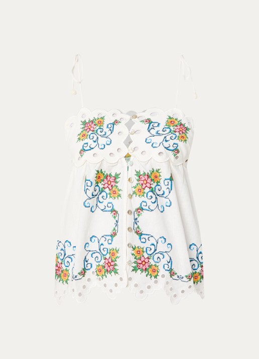 Farm Rio Grandma's Treasure top in linnenblend met bloemenborduring - voorkant 3 gebroken wit
