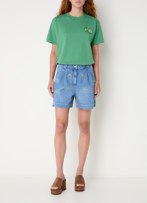 Farm Rio High waist loose fit korte broek van denim met borduring - voorkant 3 indigo