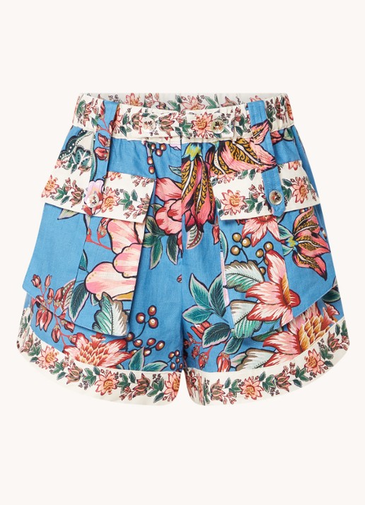 Farm Rio High waist wide fit korte broek van linnen met bloemenprint  - voorkant staalblauw