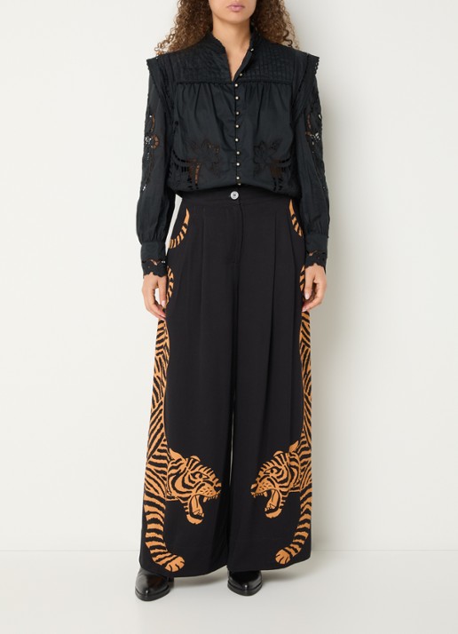 Farm Rio High waist wide fit pantalon met print - voorkant 4 zwart