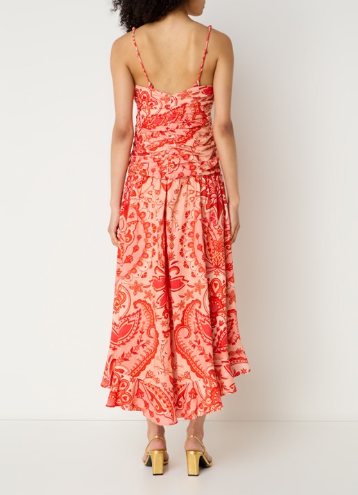 Farm Rio Jaipur midi jurk in linnenblend met bloemenprint - achterkant koraalrood