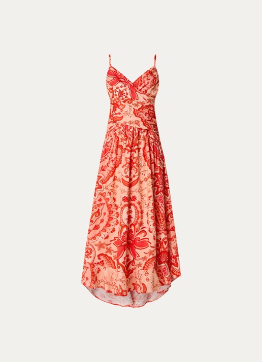 Farm Rio Jaipur midi jurk in linnenblend met bloemenprint - voorkant 4 koraalrood