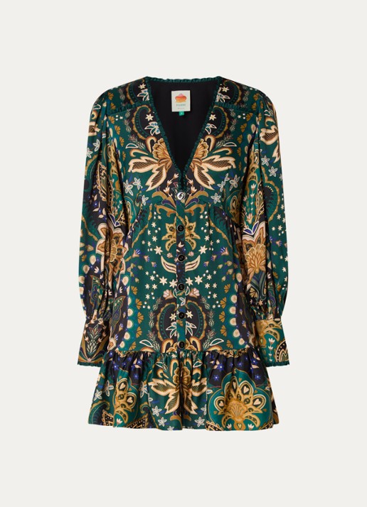 Farm Rio Jaipur mini blousejurk met print en ruches - voorkant 2 groen