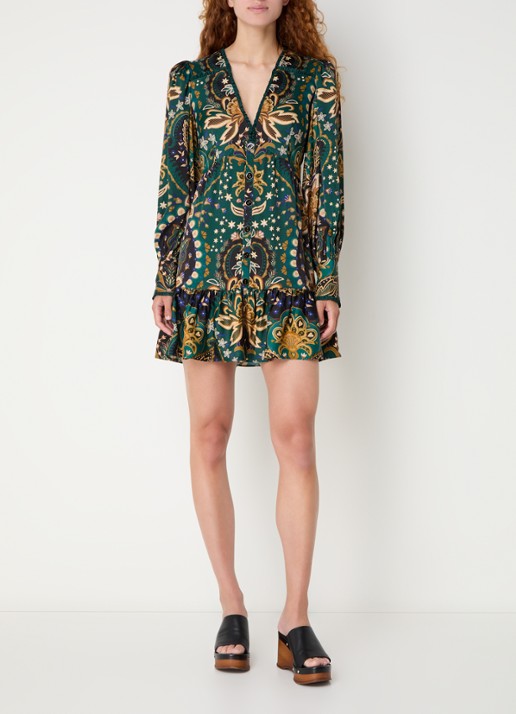 Farm Rio Jaipur mini blousejurk met print en ruches - voorkant 3 groen