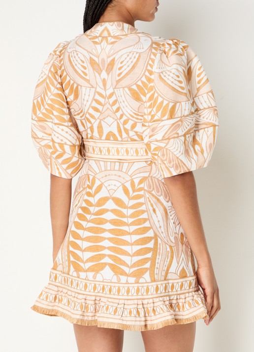 Farm Rio Lace Nature mini tuniekjurk van linnen met ceintuur en print - achterkant 5 beige