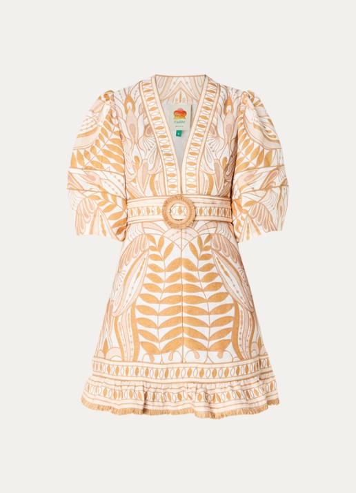 Farm Rio Lace Nature mini tuniekjurk van linnen met ceintuur en print - voorkant beige