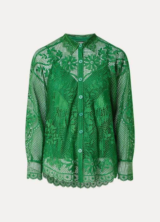 Farm Rio Landscape Guipure blouse met opengewerkt dessin - voorkant 2 groen
