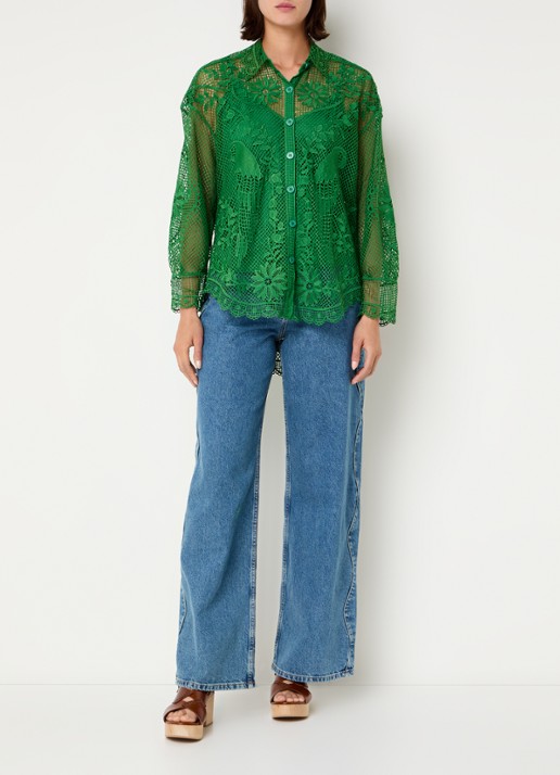 Farm Rio Landscape Guipure blouse met opengewerkt dessin - voorkant 3 groen
