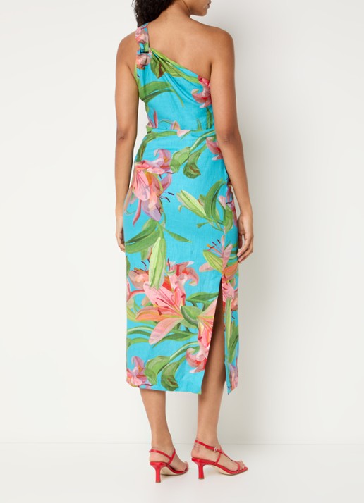 Farm Rio Lily one shoulder maxi jurk met bloemenprint en split - achterkant aquablauw
