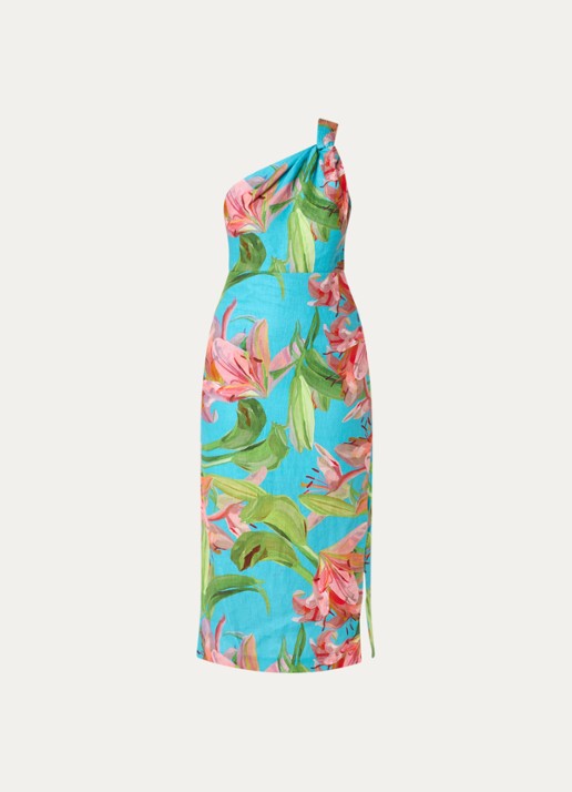 Farm Rio Lily one shoulder maxi jurk met bloemenprint en split - voorkant 3 aquablauw
