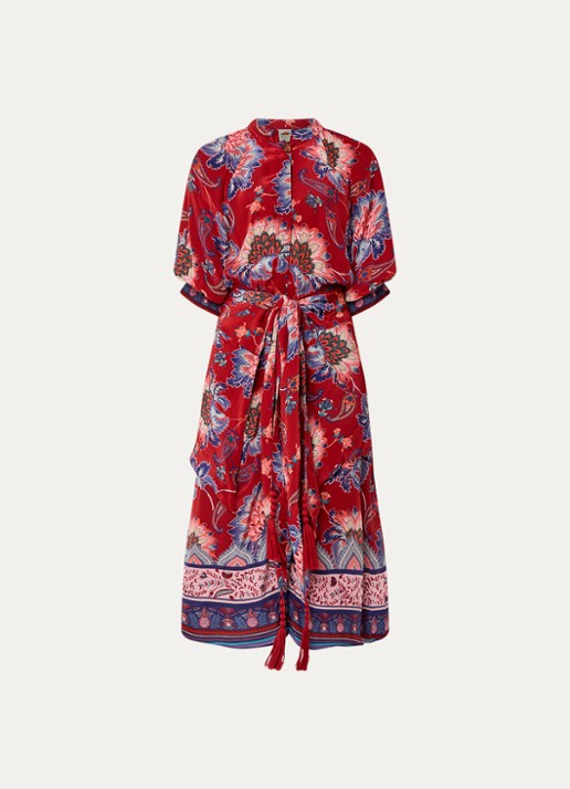 Farm Rio Luang midi blousejurk met bloemenprint en gestrikt detail - voorkant rood