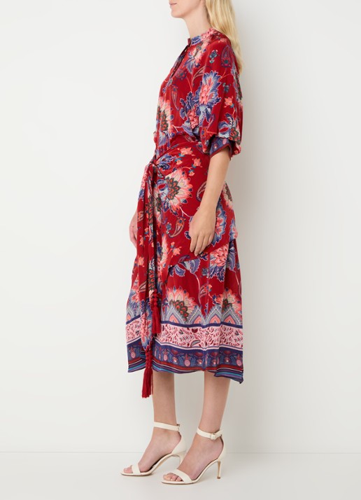 Farm Rio Luang midi blousejurk met bloemenprint en gestrikt detail - voorkant 2 rood