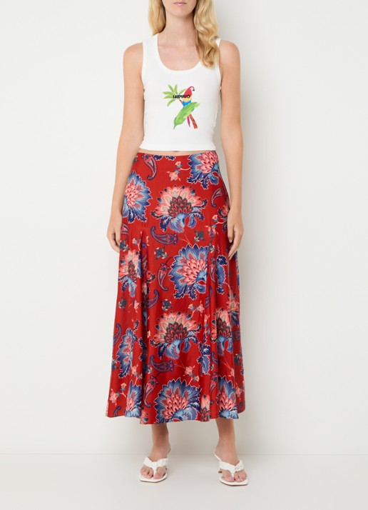 Farm Rio Luang midi rok met bloemenprint - voorkant 3 donkerrood